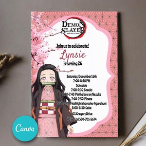 Editable Demon slayer birthday invitation, Anime invitation themes, Digital Bday invitation, Canva Templates, Editable Birthday card 5X7"