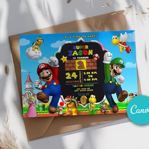 Super Mario Geburtstagseinladung, Geburtstagseinladung digital, Einladungen für Kinder, Super Mario Geburtstagskarte 5 x 7 Zoll