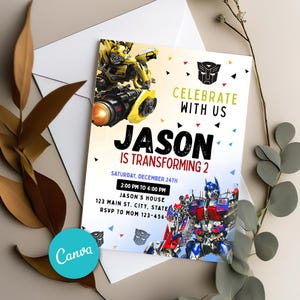 Convite de aniversário editável Transformers, convite digital Resque Bots, convites para meninos, cartão de aniversário Canva 5 x 7 polegadas
