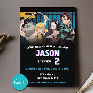 Editable Demon slayer birthday invitation, Anime invitation themes, Digital Bday invitation, Canva Templates, Editable Birthday card 5X7&quot;