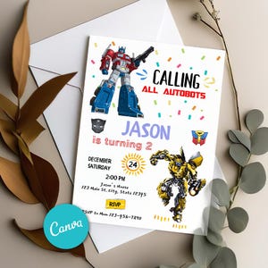 Convite de aniversário editável Transformers, convite digital Resque Bots, convites para meninos, cartão de aniversário Canva 5 x 7 polegadas