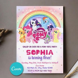 Convite de aniversário editável My Little Pony, convite de aniversário Canva, convites para meninas, cartão de festa de aniversário 5 x 7 polegadas