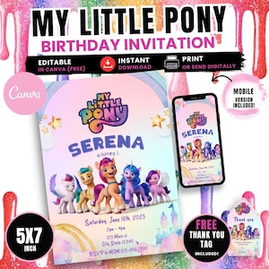 My little Pony-Geburtstagseinladung, MLP Party einladen, bearbeitbare Canva-Vorlage (digitaler Download)