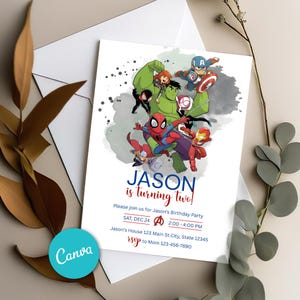 Convite de aniversário de super-herói editável, convite de aniversário digital Canva, convites para meninos, cartão de festa de aniversário 5 x 7 polegadas