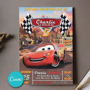 Editable Cars birthday invitation, Birthday invitation digital, Invitations for kids, Canva Birthday party templates 5X7 inch