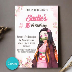 Invitation d'anniversaire modifiable de tueur de démons, thèmes d'invitation d'anime, invitation numérique d'anniversaire, modèles de toile, carte d'anniversaire modifiable 5 X 7"