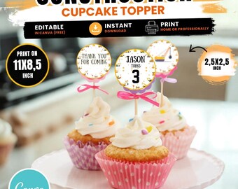 Construction Birthday Cupcake Topper, Editable Canva Template (8,5 x 11 Inch), CT 01