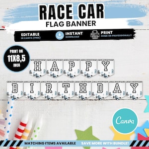 Race Car Birthday Flag Banner, Racing Cars Jam Party Decors, Editable Canva Template, RC01
