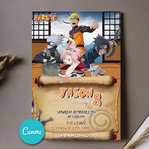 Editable Naruto birthday invitation, Birthday invitation made by Canva, Ninja party theme, Anime birthday invitation, Invitations for kids