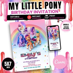 My little Pony-Geburtstagseinladung, MLP Party einladen, bearbeitbare Canva-Vorlage (digitaler Download)