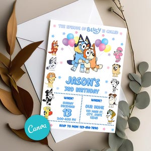 Invitation d'anniversaire Bluey modifiable, invitation d'anniversaire numérique, invitations pour enfants, modèles de fête d'anniversaire Canva 5 x 7 pouces