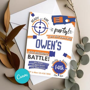 Invitation d'anniversaire Nerf modifiable, invitation d'anniversaire numérique de fléchettes, invitations pour enfants, carte de fête d'anniversaire 5 x 7 pouces, modèles Canva