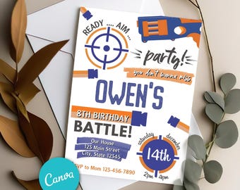 Bewerkbare Nerf-verjaardagsuitnodiging, dart verjaardagsuitnodiging digitaal, uitnodigingen voor kinderen, verjaardagskaart 5 x 7 inch, Canva-sjablonen