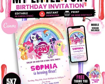 My little Pony Birthday Invitation, MLP Party Invite, Editable Canva Template (Digital Download)