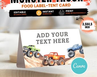 May include: A white tent card featuring three watercolor monster trucks in green, red, and blue on a dirt terrain. The card displays the text ADD YOUR TEXT HERE. A circular badge indicates 3.5x4.5 inch dimensions and Canva compatibility.