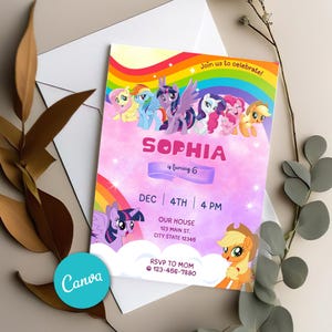 Faire-part d'anniversaire modifiable Mon petit poney, faire-part d'anniversaire Canva, faire-part pour filles, carte de fête d'anniversaire 5 x 7 pouces