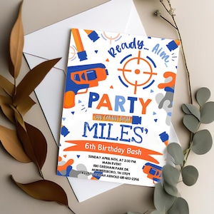 Invitation d'anniversaire Nerf, invitation d'anniversaire numérique, invitations pour enfants, carte de fête d'anniversaire 5 X 7 pouces