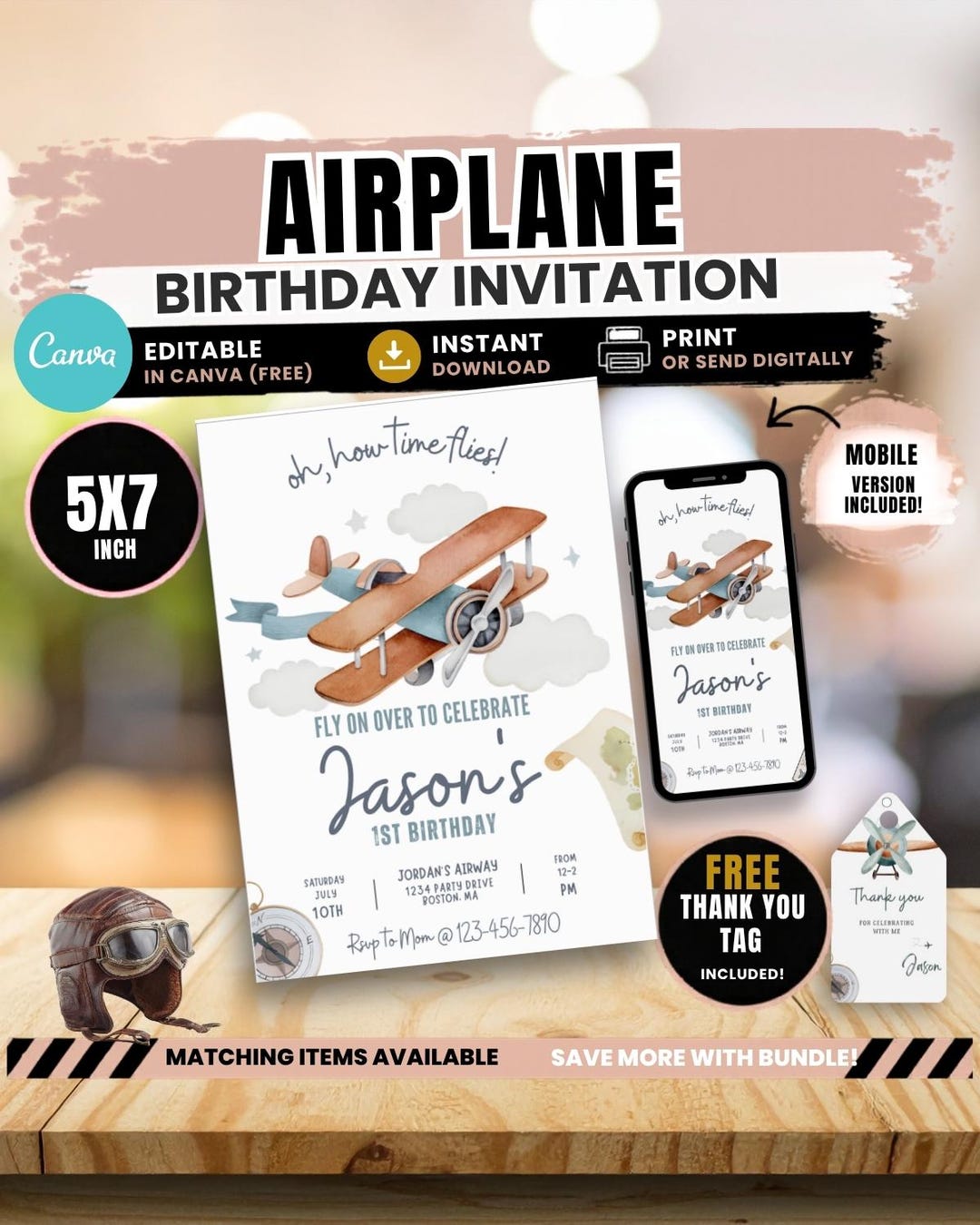 Take Flight Invite Airplane Birthday Invitation, Aviation Plane Phone Invite, Editable ...
