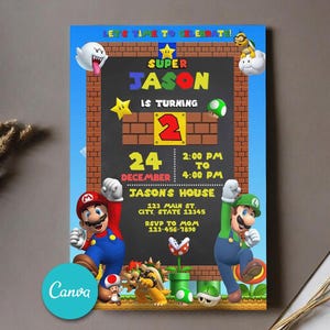 Invito di compleanno modificabile a tema Super Mario, invito di compleanno digitale Canva, inviti per bambini, volantino di compleanno 5 x 7 pollici