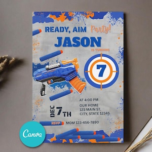 Editierbare Nerf Geburtstagseinladung, Canva Geburtstagseinladung digital, Einladungen für Kinder, Geburtstagsparty Karte 13 x 18 cm
