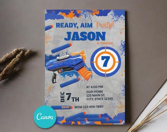 Bewerkbare Nerf-verjaardagsuitnodiging, digitale Canva verjaardagsuitnodiging, uitnodigingen voor kinderen, verjaardagskaart 5 x 7 inch