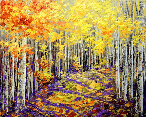 Landscape Painting Palette Knife Original Forest Art Autumn Etsy