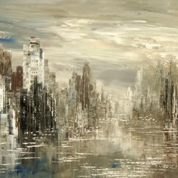City Painting Skyline Urban Cityscape Waterfront - digital download of Original Palette Knife handmade black white silver by Tatiana Iliina