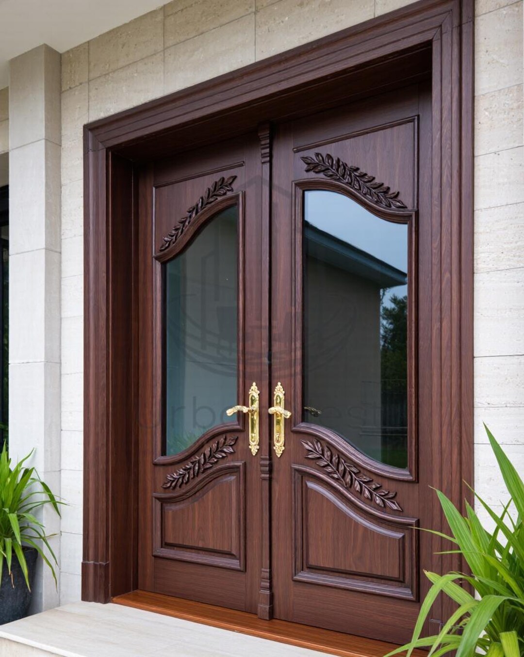 Elegant Wooden Double Door With Leaf Carving & Glass Panels | Luxury ...