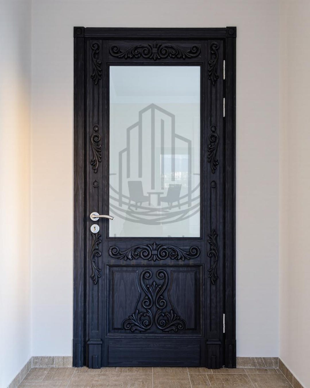 Luxury Black Carved Wood Door With Glass – Elegant Interior / Exterior ...
