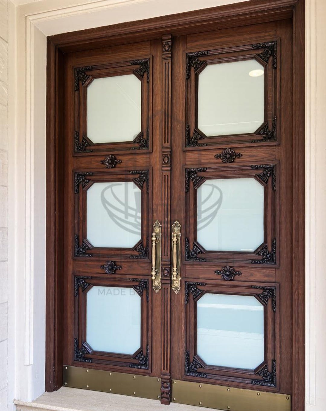Luxury Solid Wood Double Door With Multi Glass Panels | Hand Carved ...