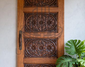 Hand Carved Solid Wood Barn Door – Floral Panels, Rustic Luxury Interior Door
