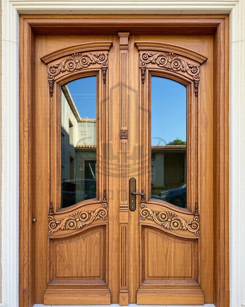 Solid Wood Double Door With Glass Panels | Hand Carved Entry Door - Etsy UK