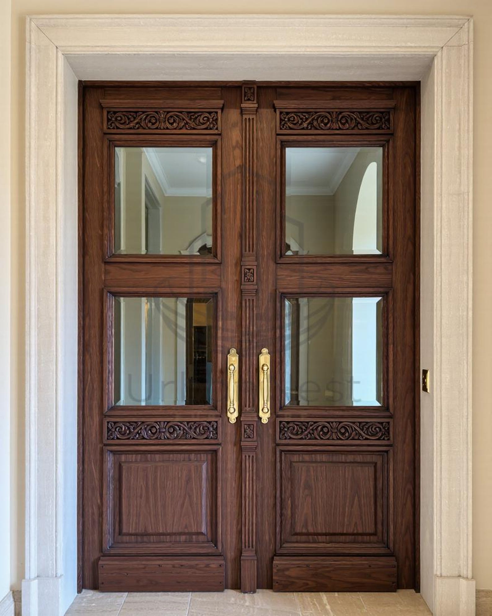 Solid Wood Double Door With Glass Panels | Classic Carved Entry Door ...