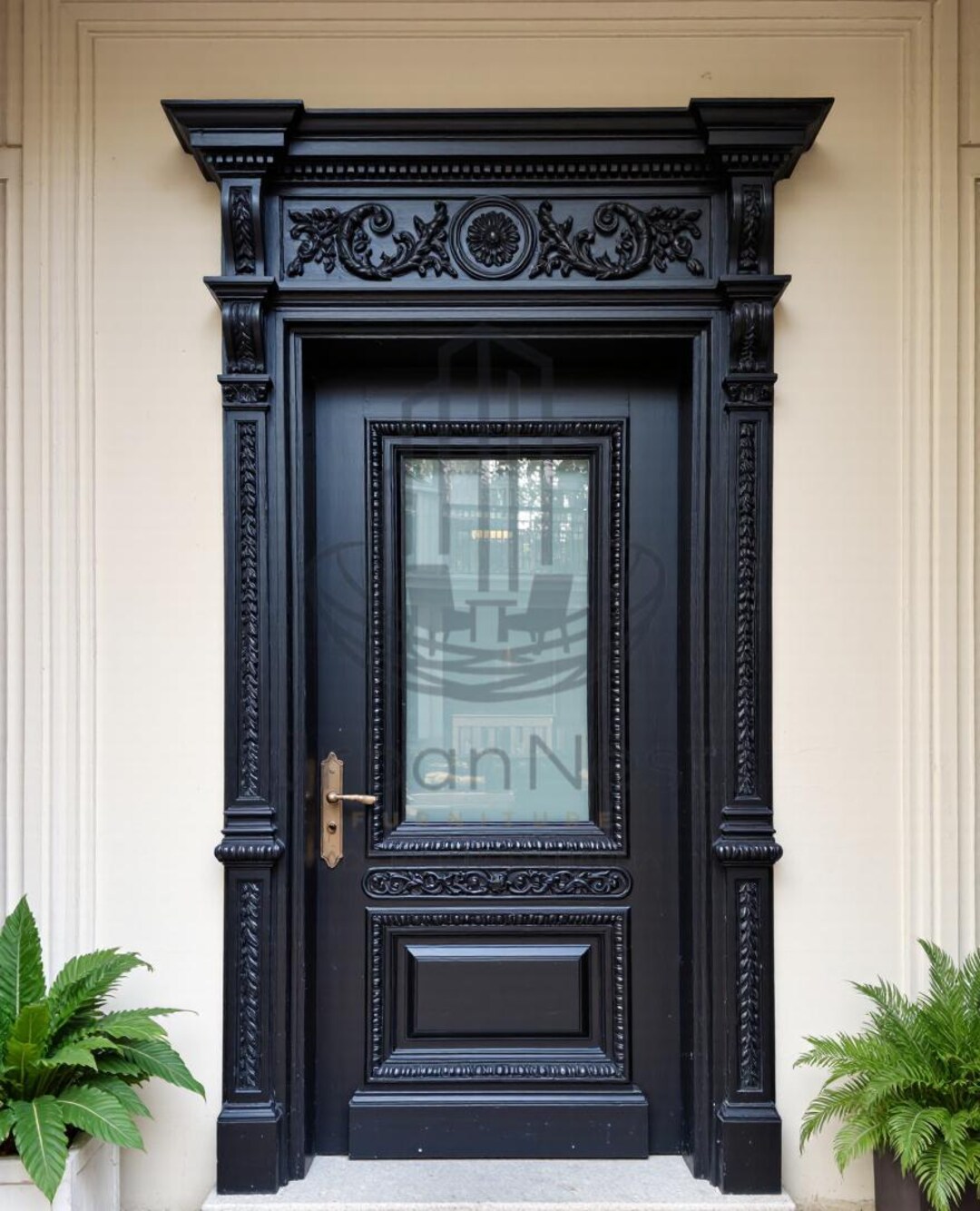 Grand Black Entry Door, Hand Carved Solid Wood Frame, Glass Insert ...