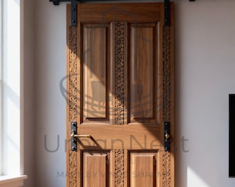 Solid Wood Carved Barn Door | Rustic Farmhouse Interior Door, Handcrafted Panels