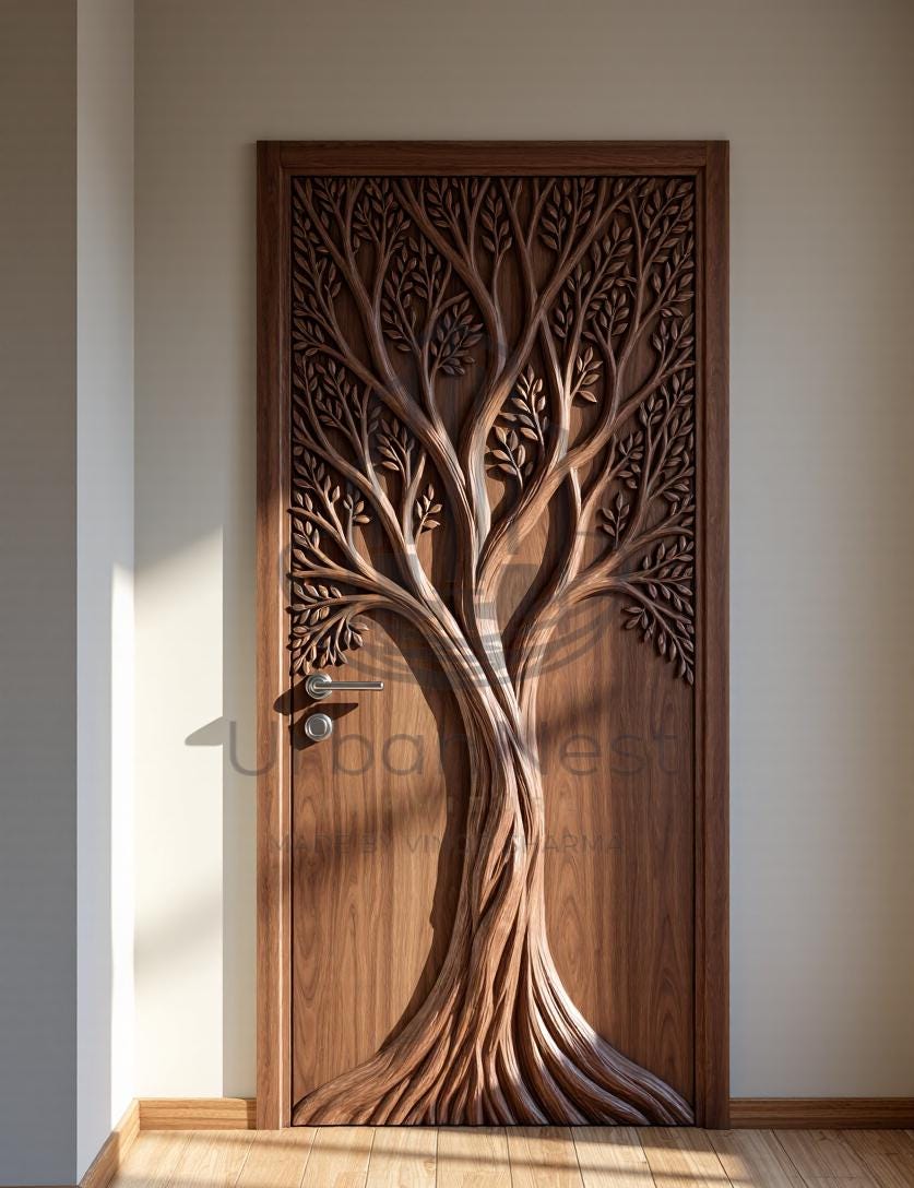 Doors Tree Model Hand Carved Tree Solid Wood Statement Door | Artistic Interior Entryway ...
