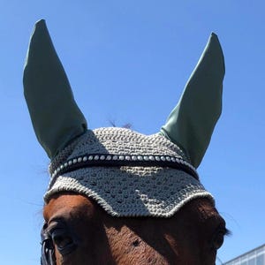 Op de afbeelding: Een grijze gehaakte vliegenkap voor paarden met een zwarte en zilveren rand en groene oorbeschermers.