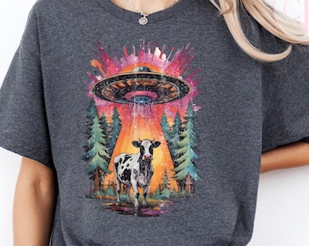T-shirt UFO Cow Abduction: retro alien-shirt met print