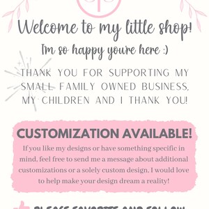 Peut inclure: Graphique clair avec du texte manuscrit : &laquo;&nbsp;Bienvenue dans ma petite boutique&nbsp;!&nbsp;&raquo; et &laquo;&nbsp;Personnalisation disponible&nbsp;!&nbsp;&raquo;. L'image comprend &eacute;galement le texte &laquo;&nbsp;Veuillez mettre en favori et suivre&nbsp;&raquo;.