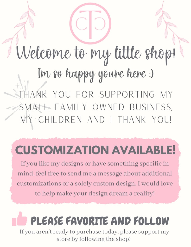 Peut inclure: Graphique clair avec du texte manuscrit : &laquo;&nbsp;Bienvenue dans ma petite boutique&nbsp;!&nbsp;&raquo; et &laquo;&nbsp;Personnalisation disponible&nbsp;!&nbsp;&raquo;. L'image comprend &eacute;galement le texte &laquo;&nbsp;Veuillez mettre en favori et suivre&nbsp;&raquo;.