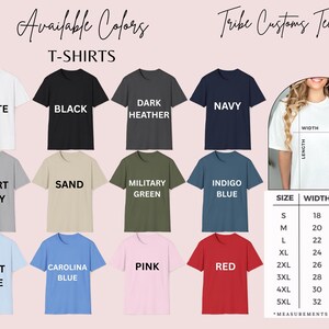 Peut inclure: Image pr&eacute;sentant des t-shirts de diff&eacute;rentes couleurs : blanc, noir, gris fonc&eacute;, marine, gris sport, sable, vert militaire, bleu indigo, bleu clair, bleu carolina, rose et rouge. Un tableau des tailles indique les mesures en pouces.