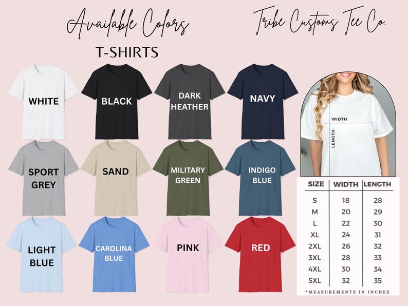 Peut inclure: Image pr&eacute;sentant des t-shirts de diff&eacute;rentes couleurs : blanc, noir, gris fonc&eacute;, marine, gris sport, sable, vert militaire, bleu indigo, bleu clair, bleu carolina, rose et rouge. Un tableau des tailles indique les mesures en pouces.