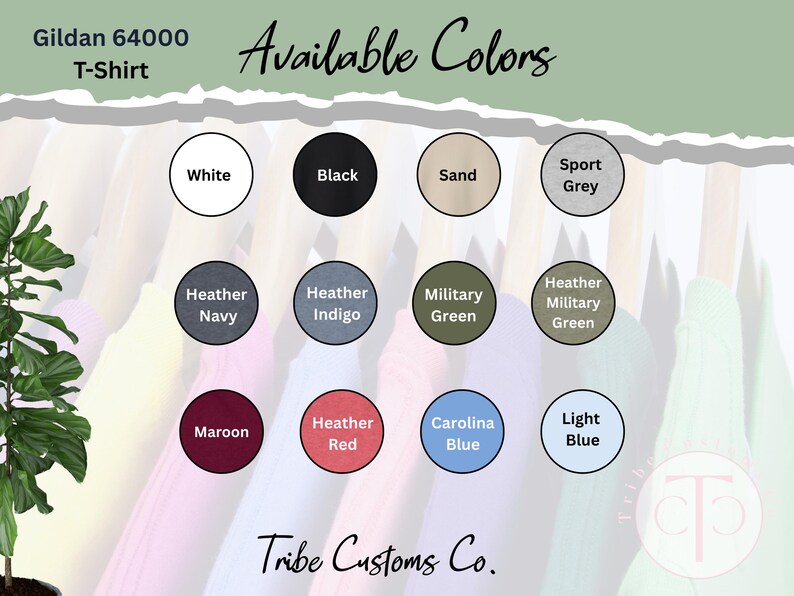 Pu&ograve; includere: Immagine che mostra una maglietta Gildan 64000 con una tabella colori. La tabella mostra vari colori tra cui bianco, nero, sabbia, grigio sport, blu navy melange, indaco melange, verde militare, verde militare melange, bordeaux, rosso melange, blu Carolina e azzurro.