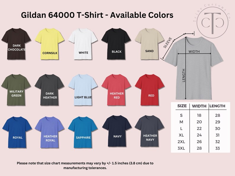 May include: Image showcasing a variety of Gildan 64000 T-shirts in various colors, including dark chocolate, white, black, and red. A size chart is included, with measurements in inches. The text "Gildan 64000 T-Shirt - Available Colors" is at the top.