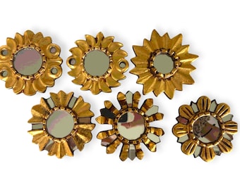 Small Sunburst Wall Mirror Gold 3-4&quot;, Tiny Starburst Accent Mirror, Vintage Peruvian Decorative Mirror, Boho Vintage Wall Home Decor