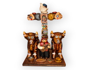 Pucara Bulls in ladder, Toritos de Pucara, Folk Art Sculpture, Ceramic Figurines, Peruvian Torito, Decorative Home Accent, Unique Gift