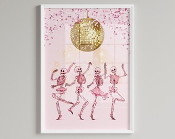 Lámina artística de esqueletos danzantes: Decoración retro con bola de discoteca (descarga digital)