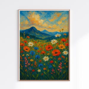 Wildflower Meadow Printable Wall Art, Mountain Landscape Painting, Boho Floral Digital Download, 50x70cm Nature Print, Rustic Decor
