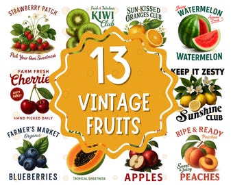Vintage Fruit Clipart: Watercolor PNG SVG Bundle