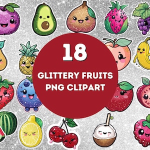 Cute Glittery Kawaii Fruits 18 cliparts (300 dpi, fruit, Transparent background, bundle, digital, png, avocado, dragon fruit, peach fruit)
